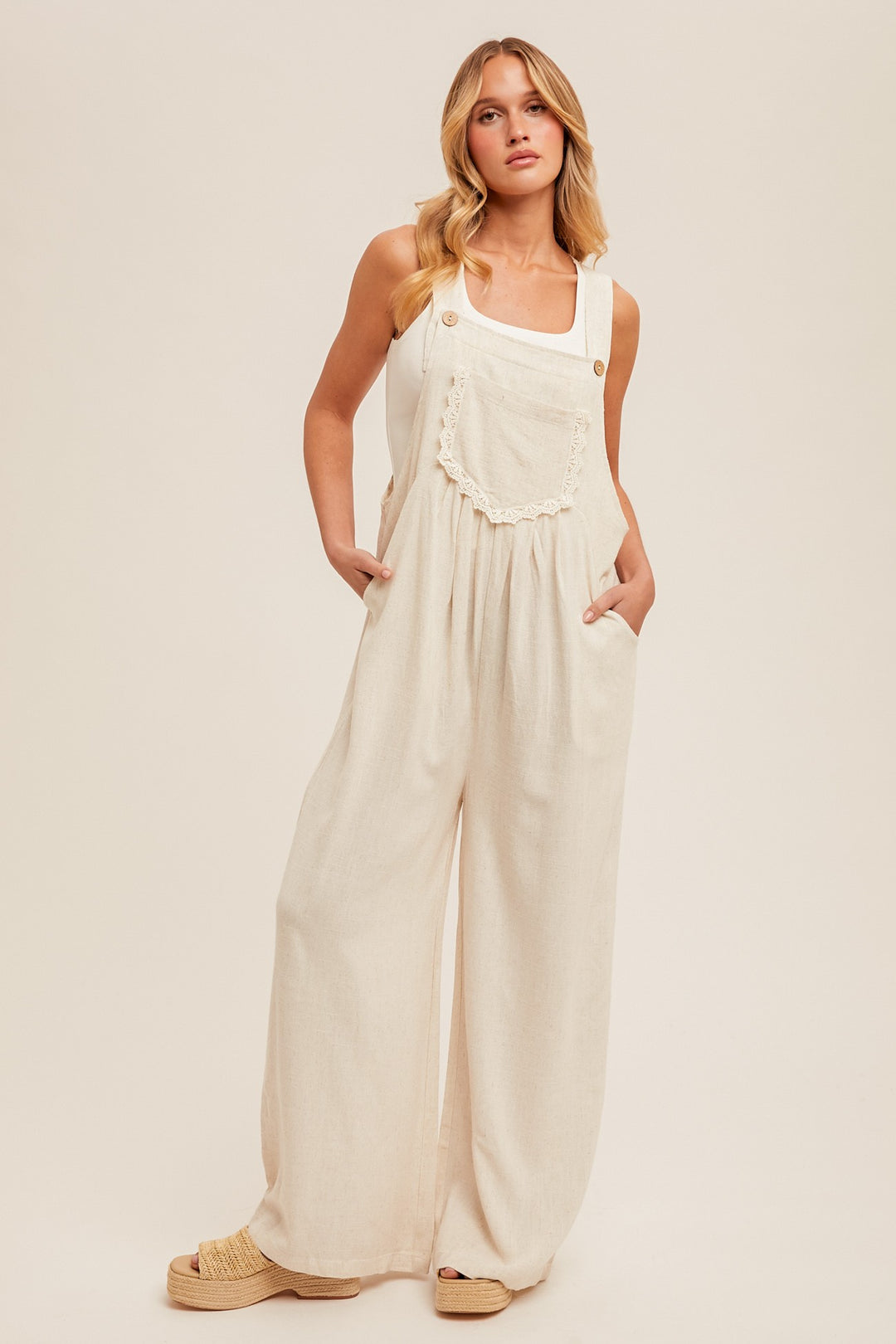 Kaelie Crochet and Floral Linen Overalls