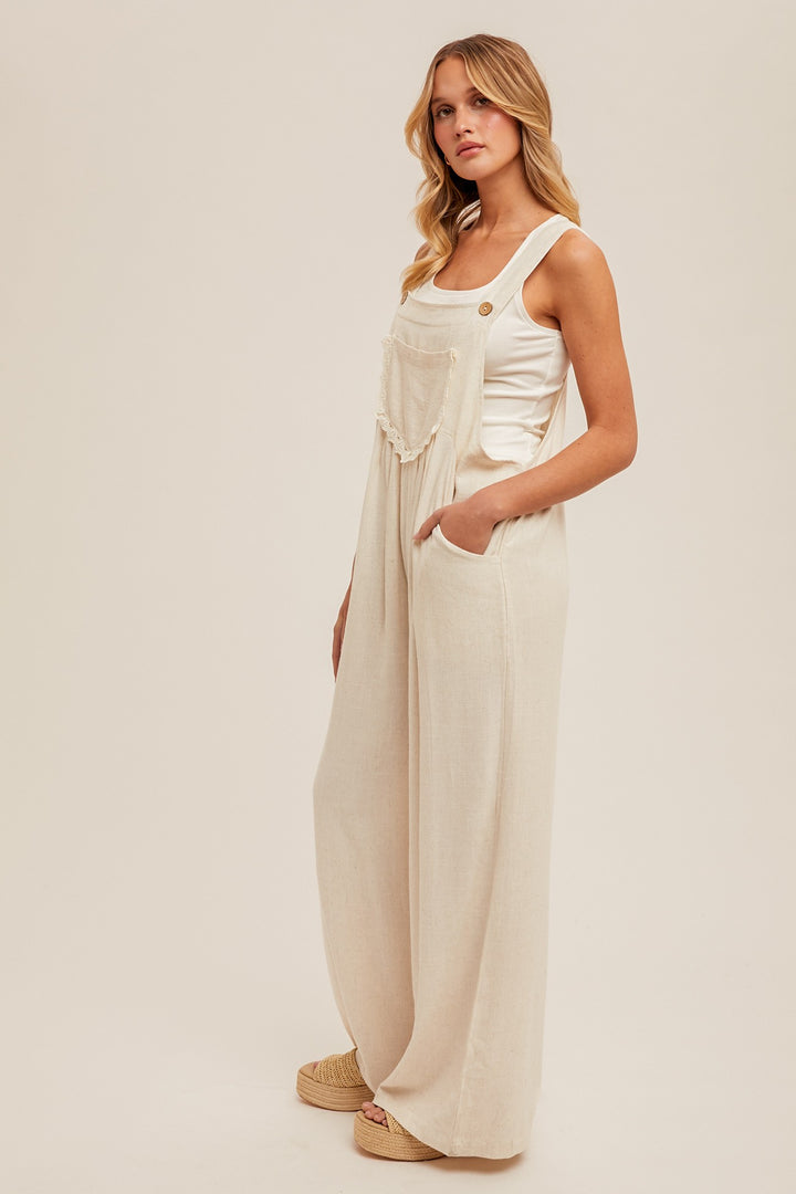 Kaelie Crochet and Floral Linen Overalls