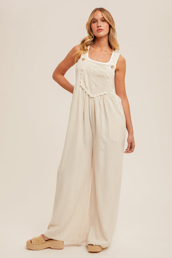 Kaelie Crochet and Floral Linen Overalls