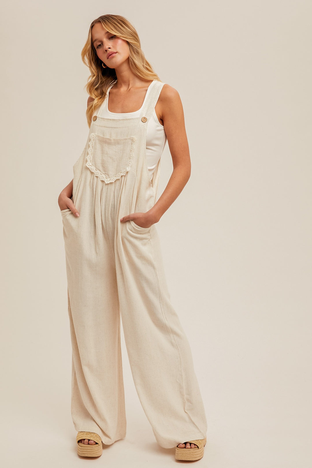 Kaelie Crochet and Floral Linen Overalls