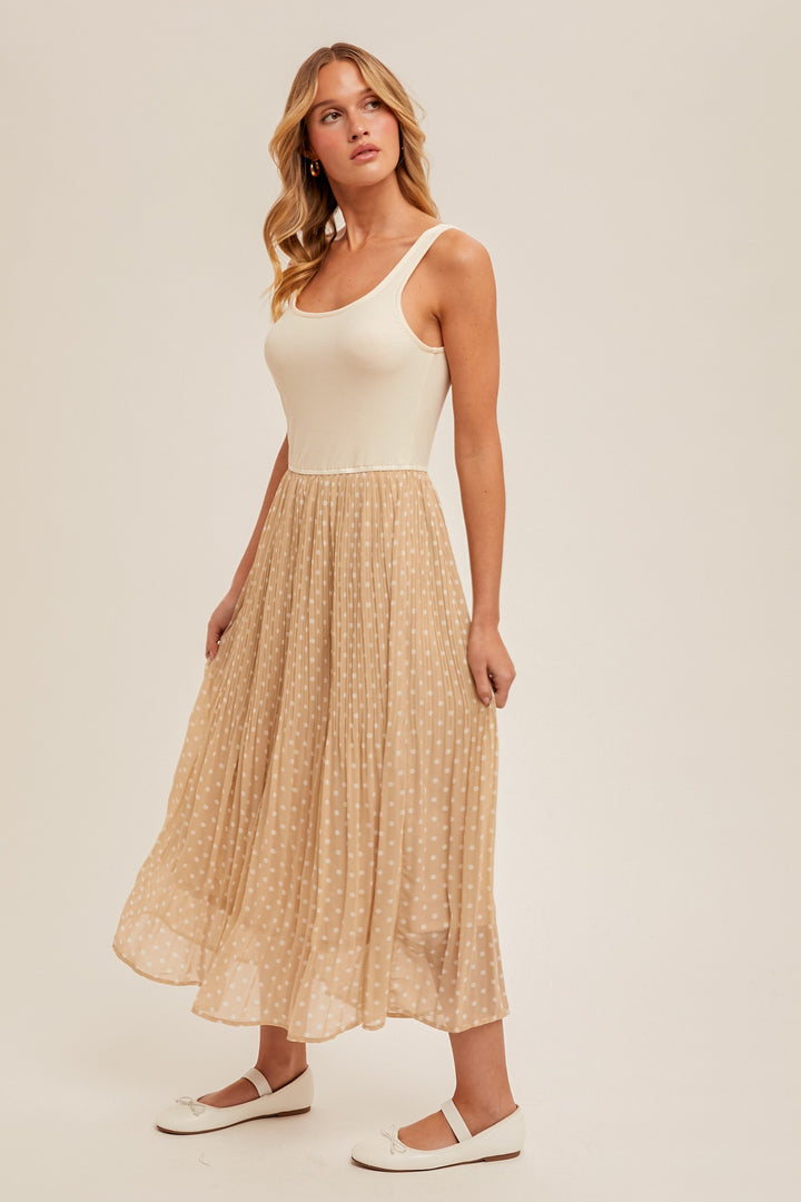 Alena Pleated Polka Dot Midi Dress