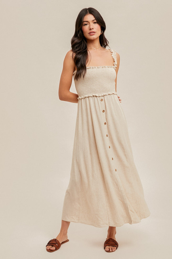 Cora Smocked Button Front Linen Cami Dress