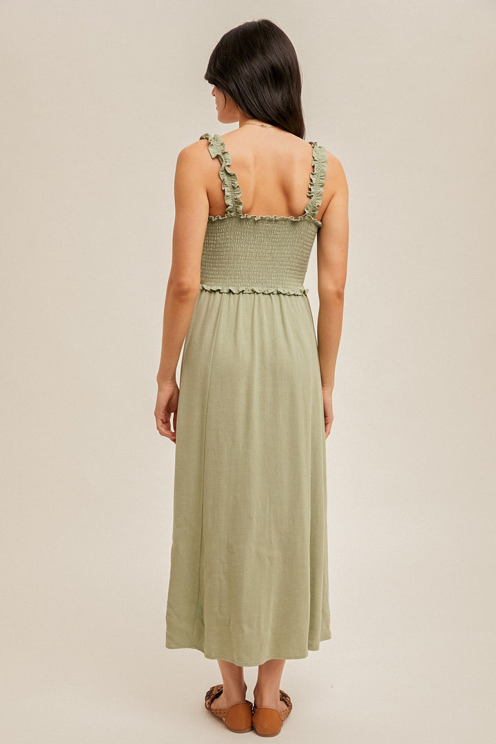 Cora Smocked Button Front Linen Cami Dress
