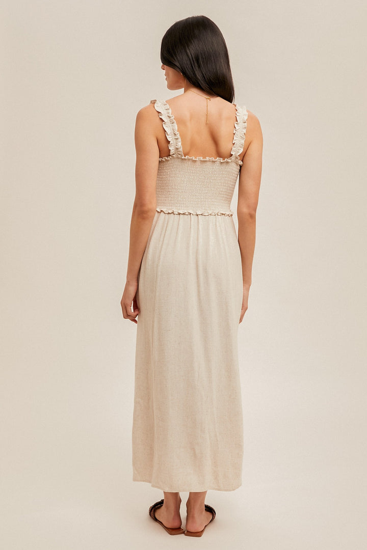 Cora Smocked Button Front Linen Cami Dress