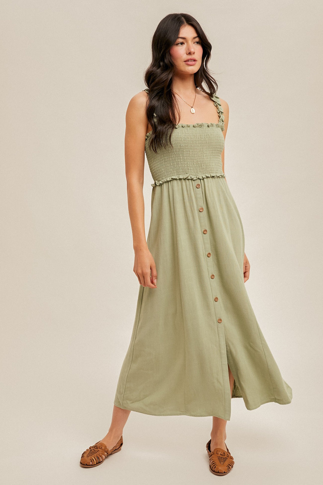 Cora Smocked Button Front Linen Cami Dress