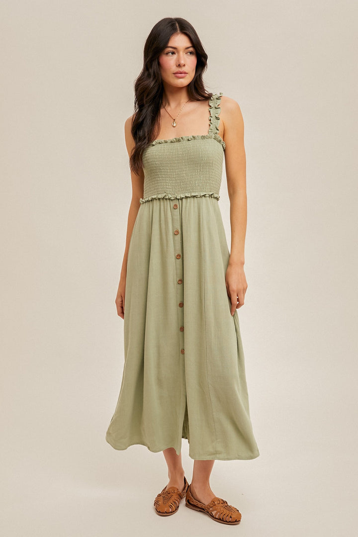 Cora Smocked Button Front Linen Cami Dress