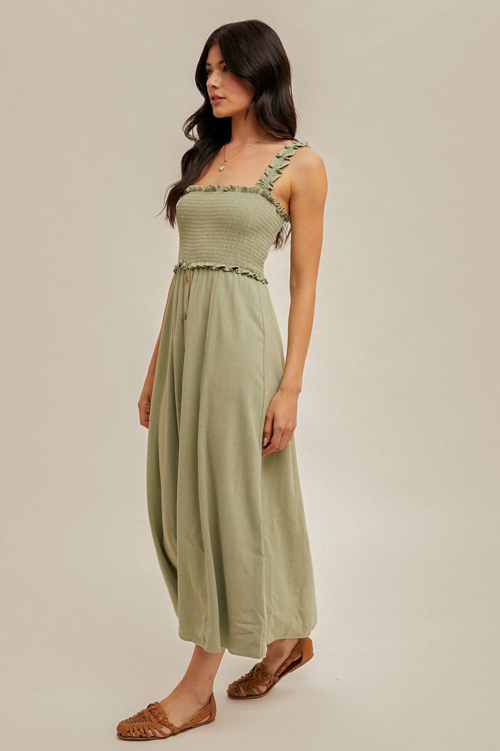 Cora Smocked Button Front Linen Cami Dress