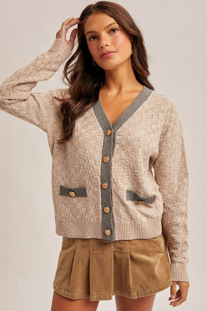 Candice Contrast Neck Band V-neck Sweater Cardigan