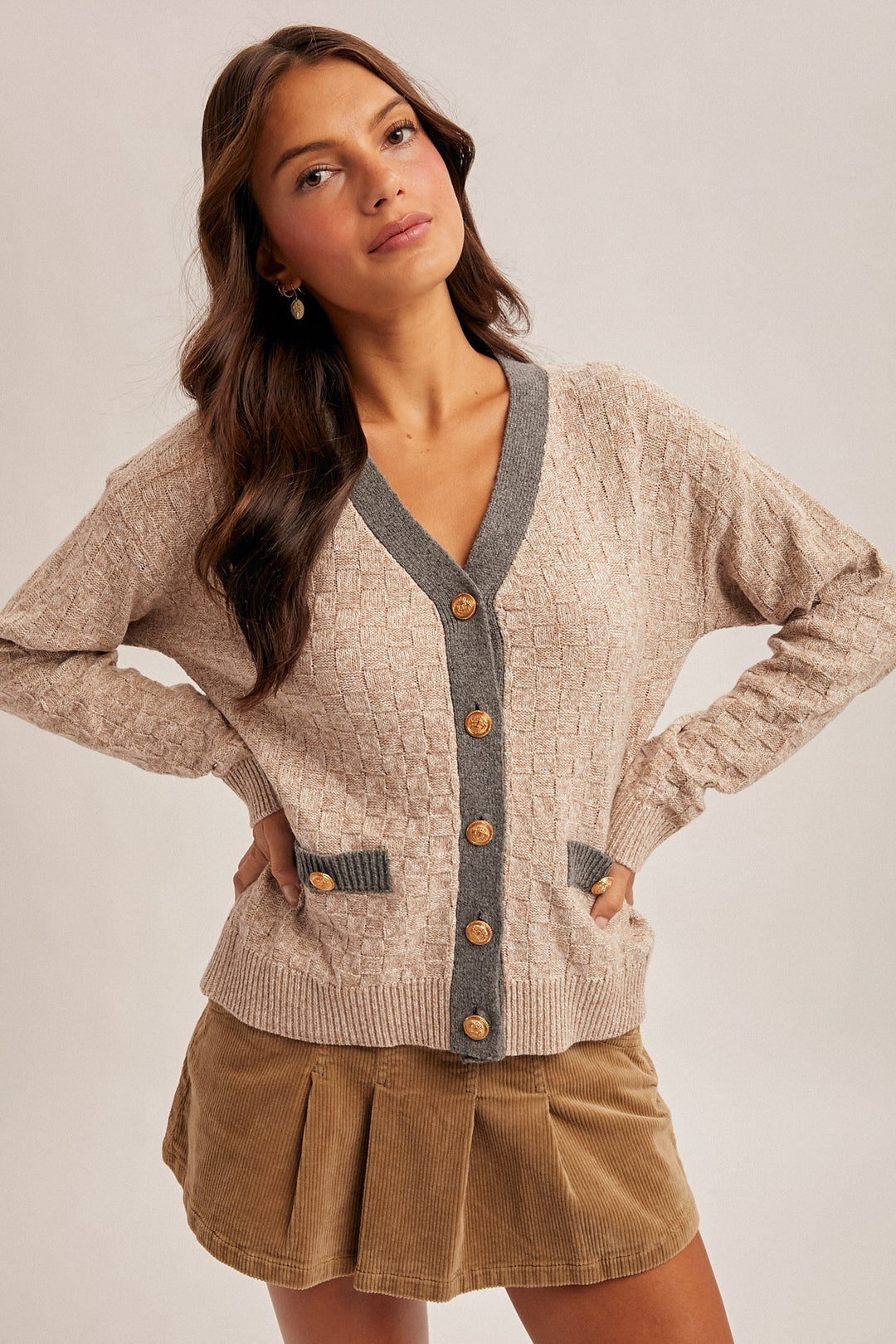 Candice Contrast Neck Band V-neck Sweater Cardigan
