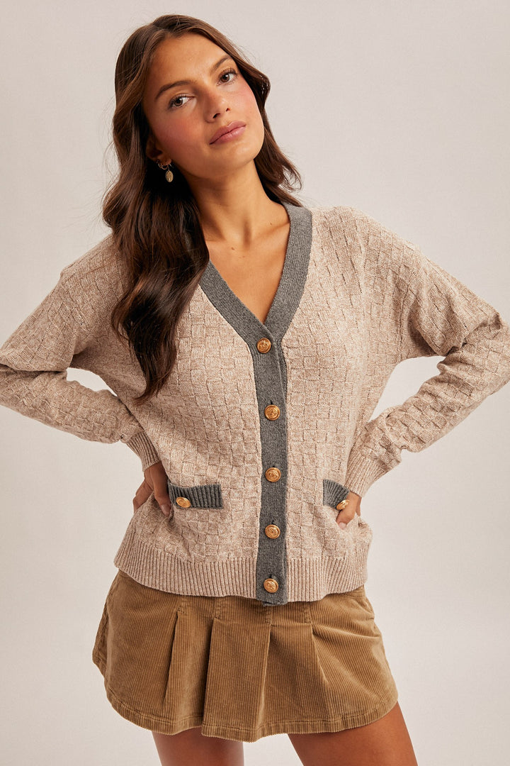 Candice Contrast Neck Band V-neck Sweater Cardigan
