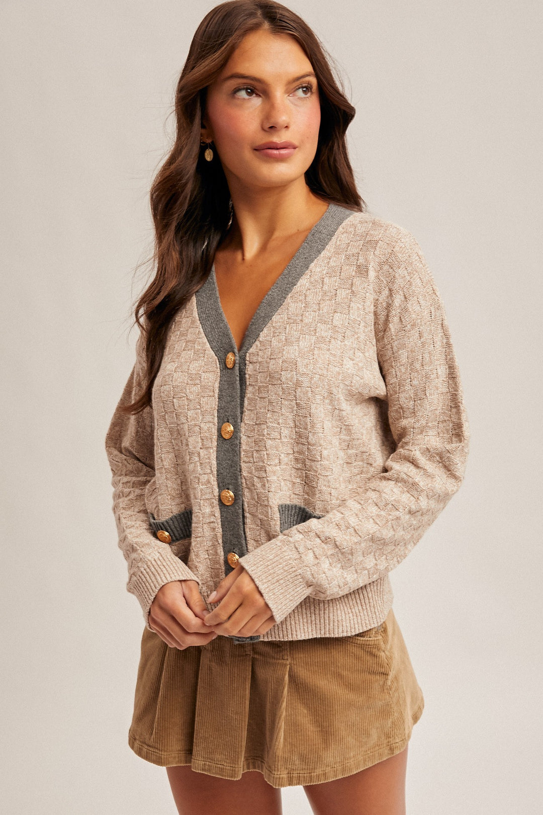 Candice Contrast Neck Band V-neck Sweater Cardigan