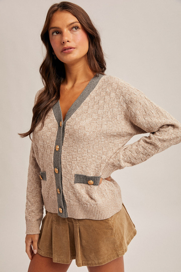 Candice Contrast Neck Band V-neck Sweater Cardigan