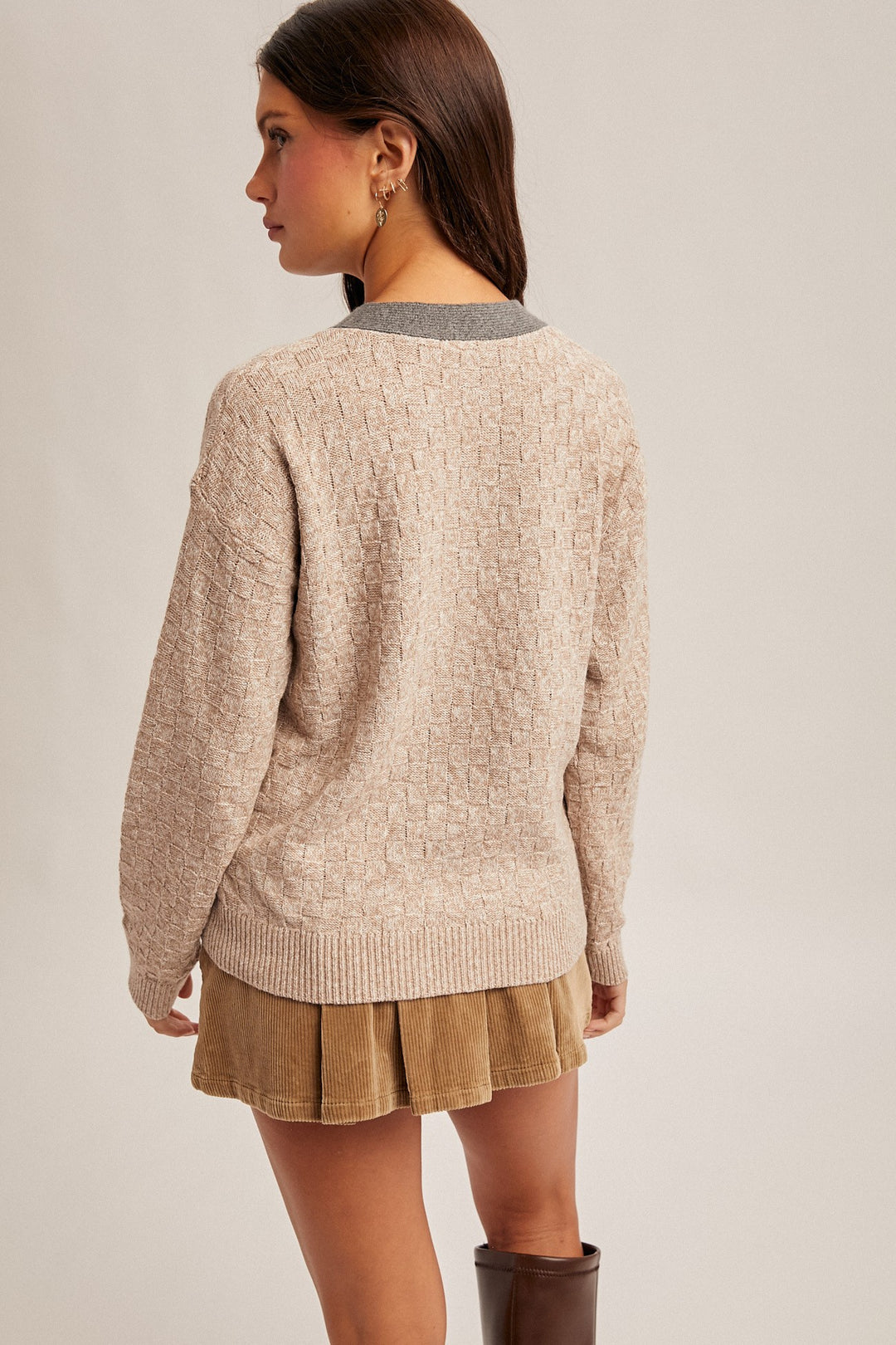 Candice Contrast Neck Band V-neck Sweater Cardigan