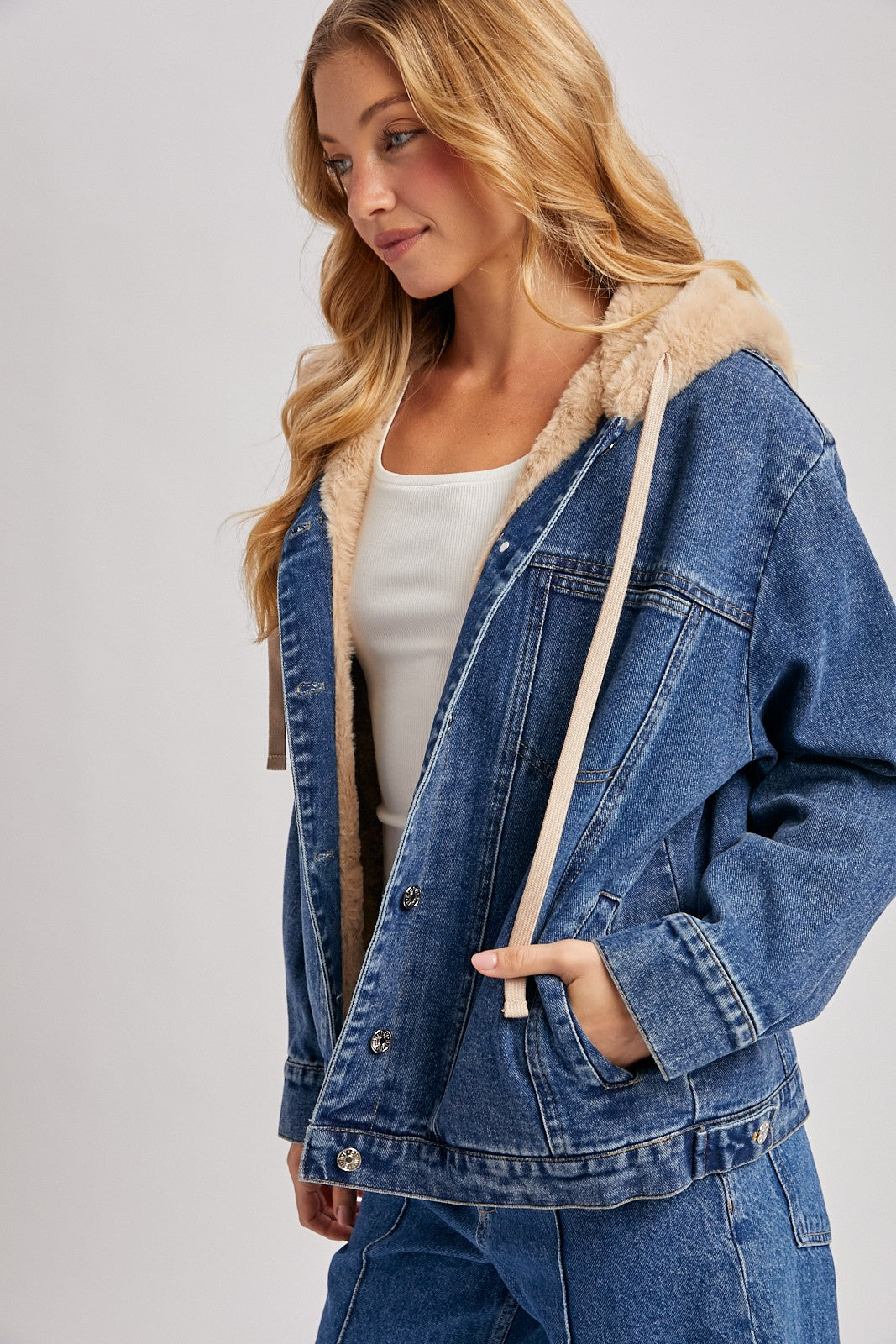 Esther Button Down Faux Fur Denim Jacket