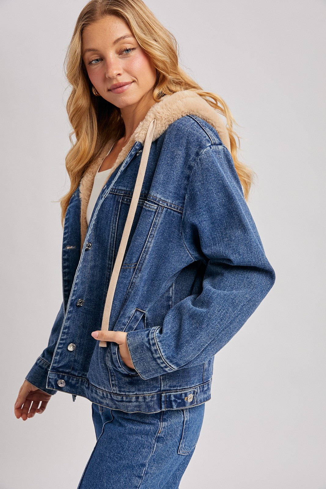 Esther Button Down Faux Fur Denim Jacket
