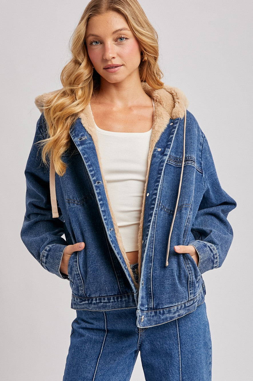 Esther Button Down Faux Fur Denim Jacket