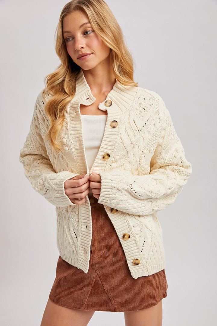 Isadora Button Down Mock Nek Cable Knit Cardigan