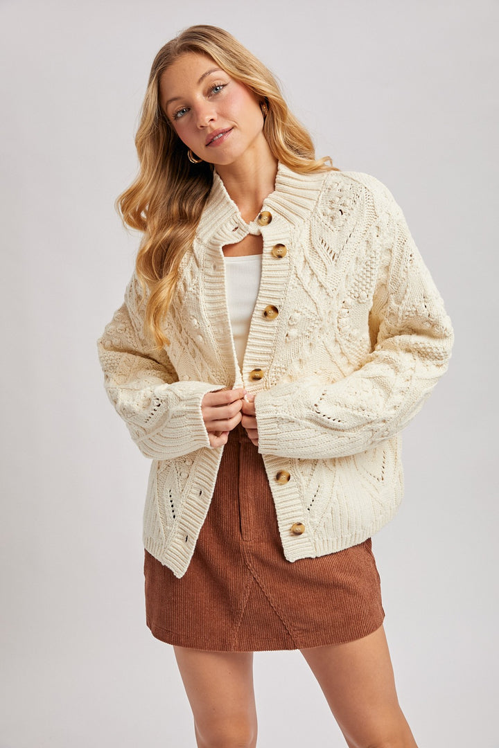 Isadora Button Down Mock Nek Cable Knit Cardigan