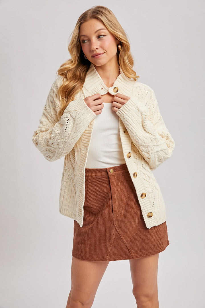 Isadora Button Down Mock Nek Cable Knit Cardigan