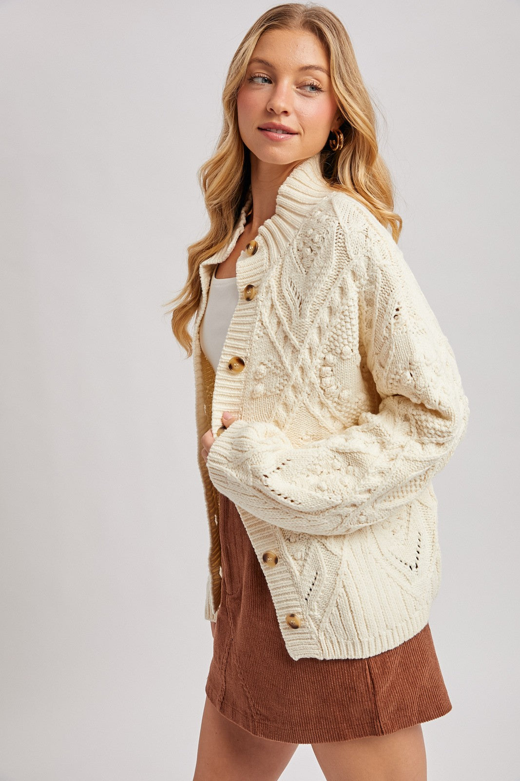 Isadora Button Down Mock Nek Cable Knit Cardigan