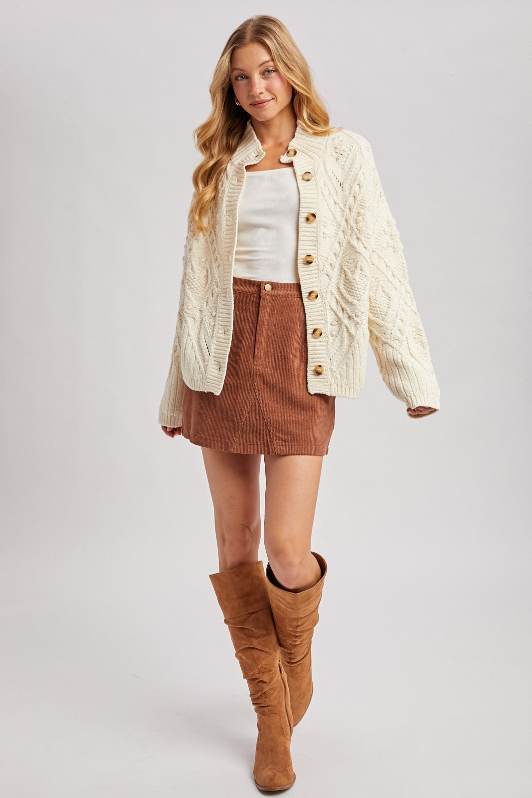 Isadora Button Down Mock Nek Cable Knit Cardigan