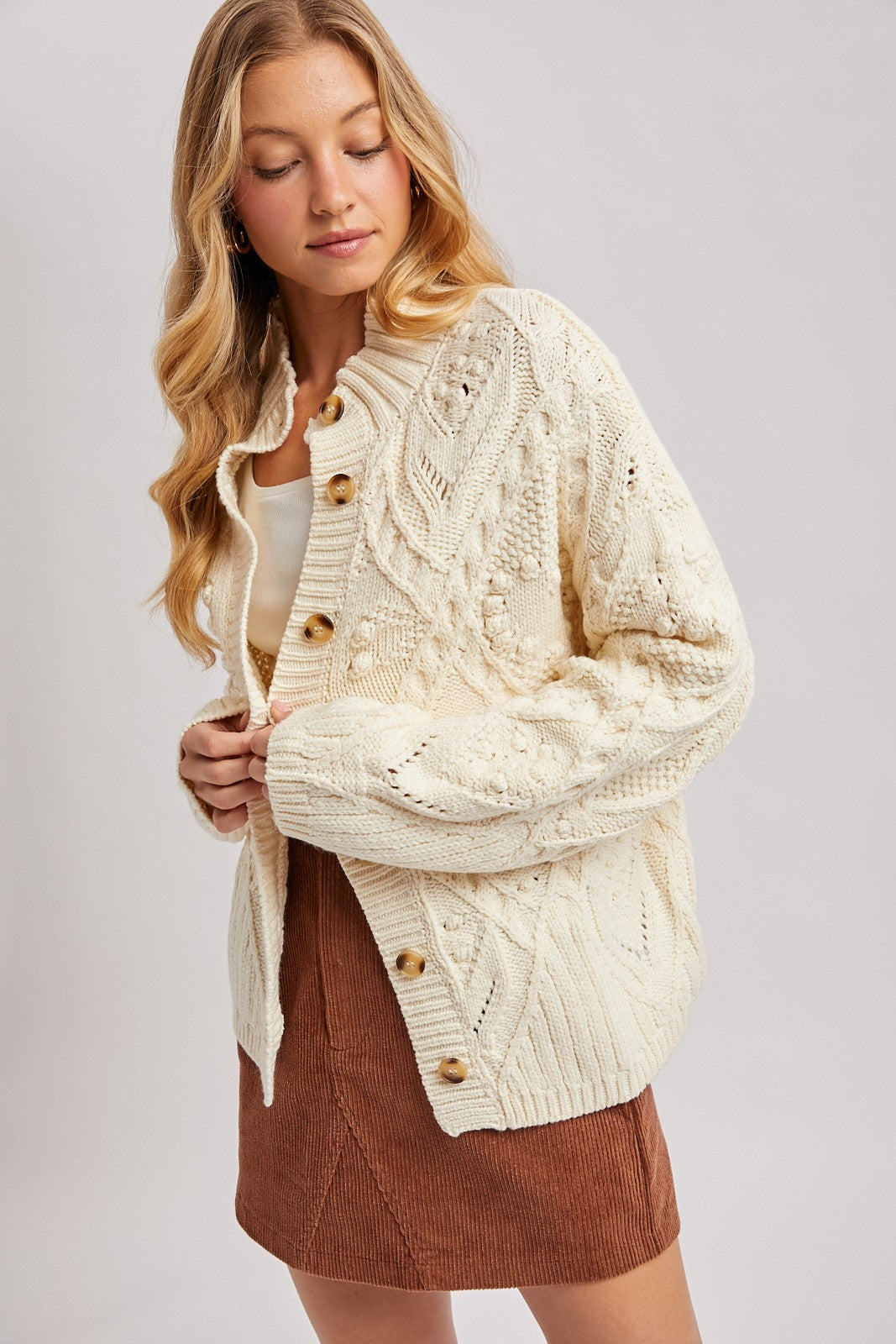 Isadora Button Down Mock Nek Cable Knit Cardigan