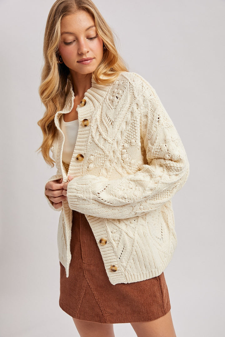 Isadora Button Down Mock Nek Cable Knit Cardigan