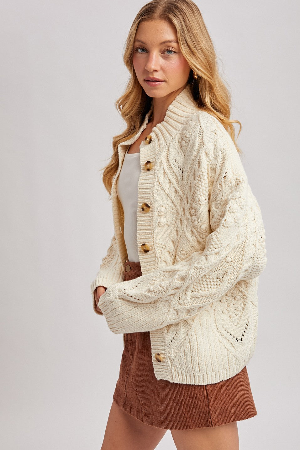 Isadora Button Down Mock Nek Cable Knit Cardigan