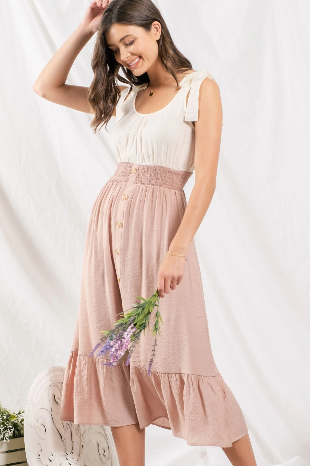 Elisha Scallop Knit Tank Pinstripe Midi Dress