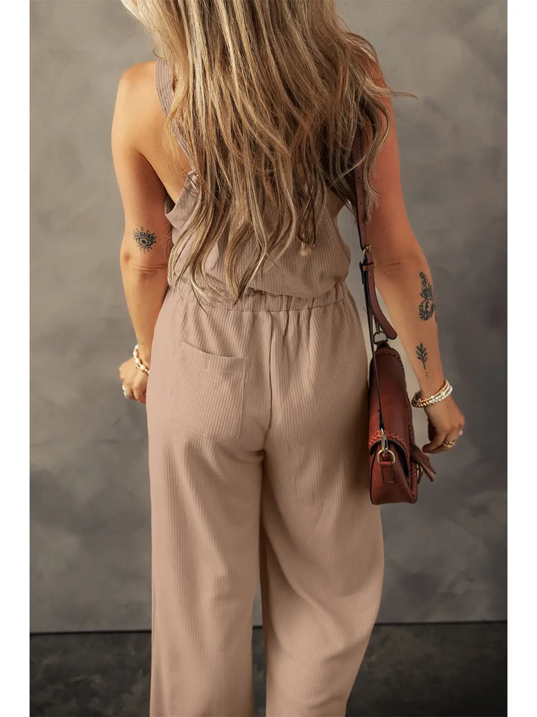 Textured Drawstring Jumpsuit Pale Khaki